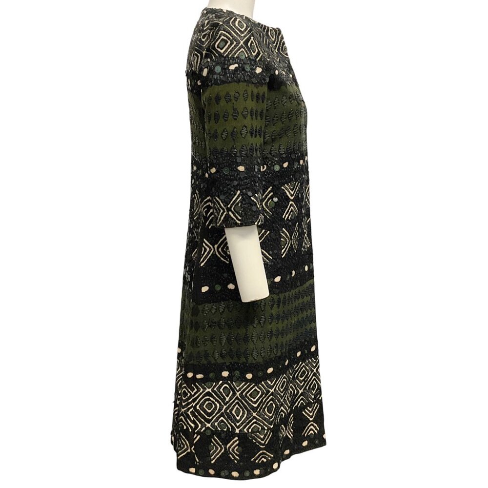 Oscar de la Renta Olive / Black Raffia and Sequin Embellished 3/4 Sleeve Coat - Picture 2 of 4